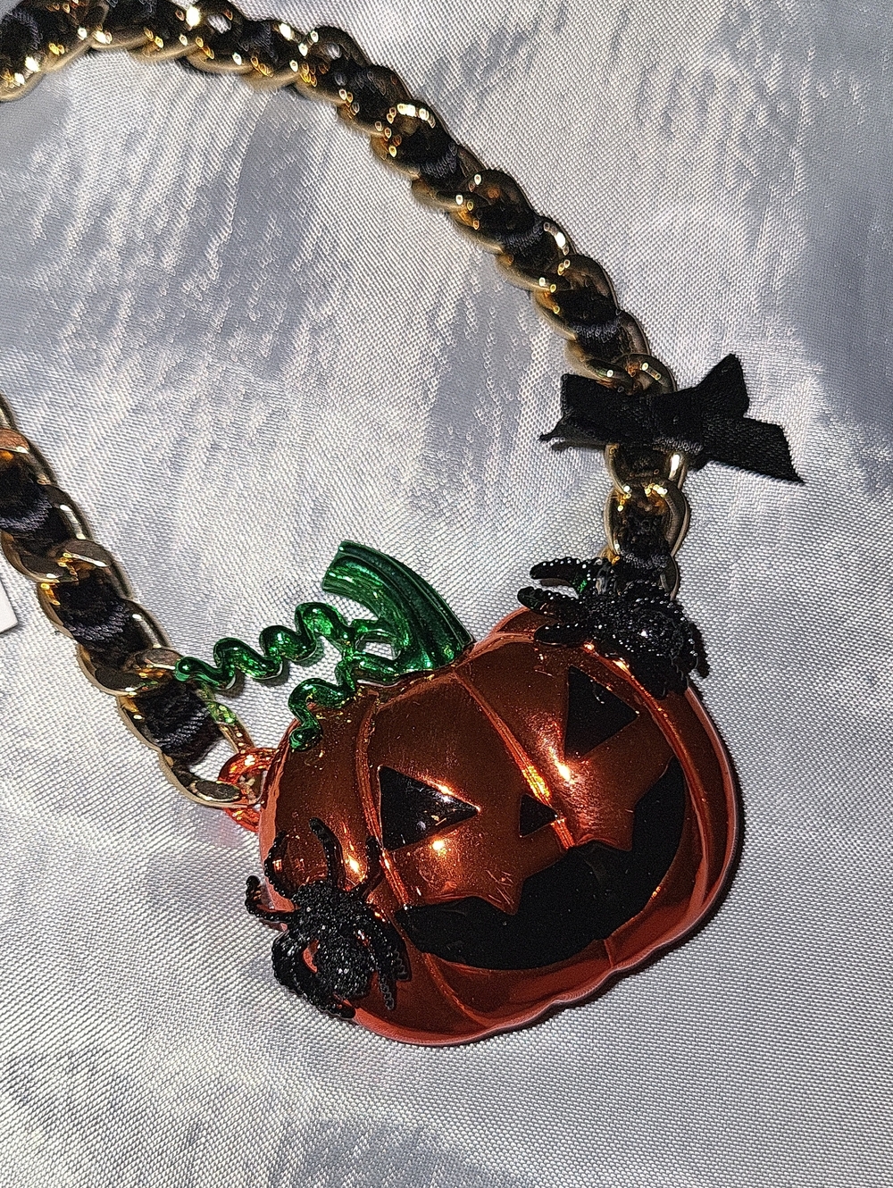Betsey Johnson Jack O Lantern Pumpkin Pendant Necklace with Black Spider Accents